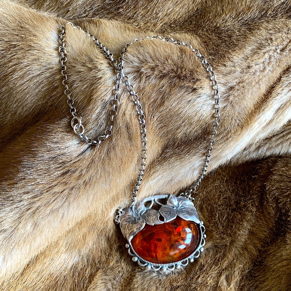 Vintage Russian Amber and Sterling Silver Necklace